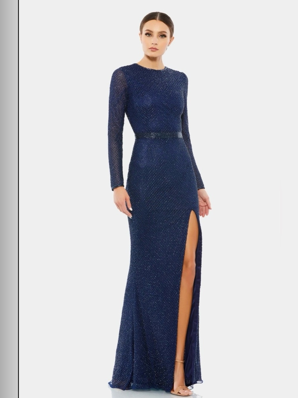 Mac Duggal Navy Beaded Long-Sleeve Evening Gown with High Slit